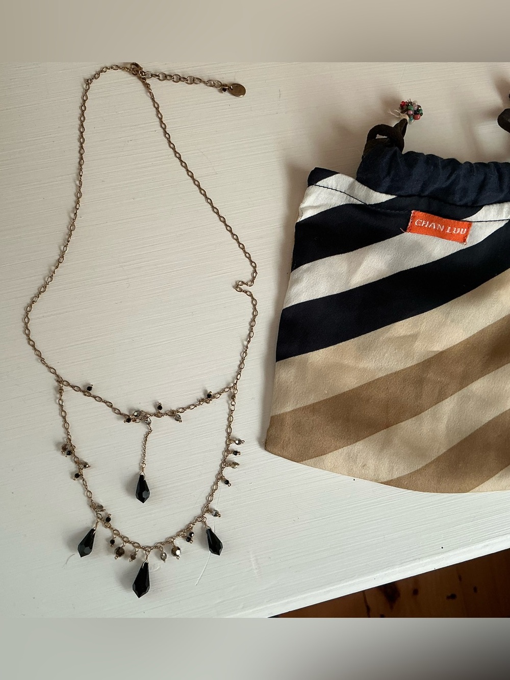 Chan Luu Gold Dainty Two-Tier Layered Necklace Black Crystal Teardrop